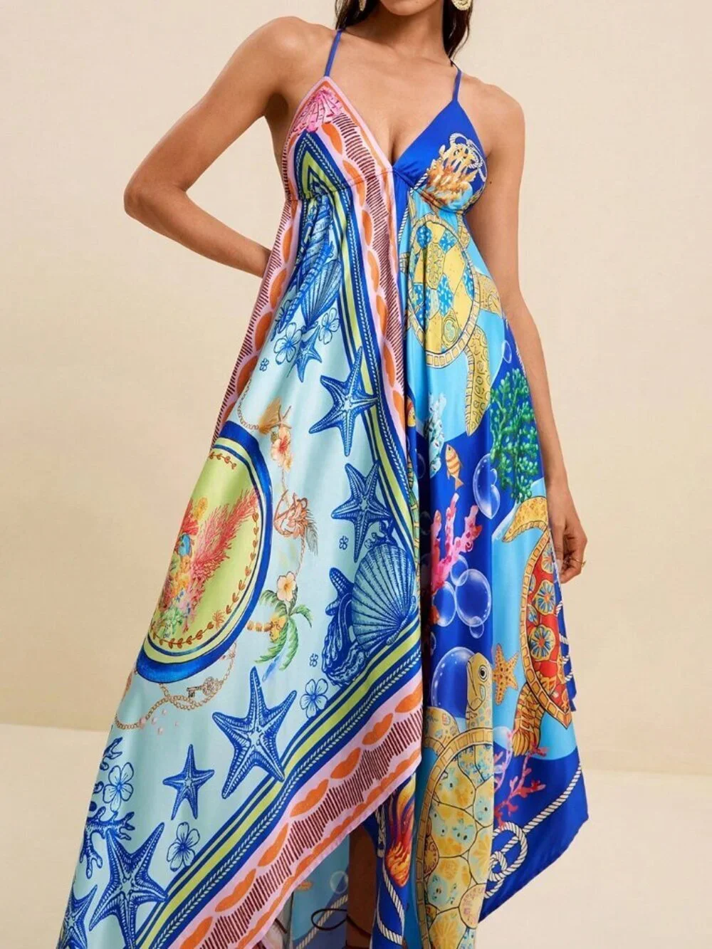 Multicolor Boho Women's V-Neck Spaghetti Strap Ocean Print Maxi Beach Dress_6